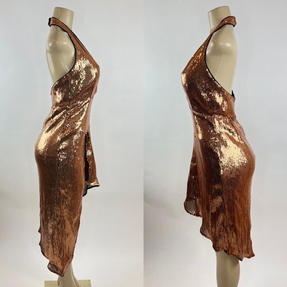 Lovers + Friends Duchess Dress Size S Gold Sequin Asymmetric Hem Halter Cocktail - Picture 7 of 11